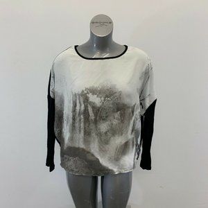 Point Zero Blouse Women's Medium Black Graphic 3/4 Sleeve Scoop Neck Cropped Top